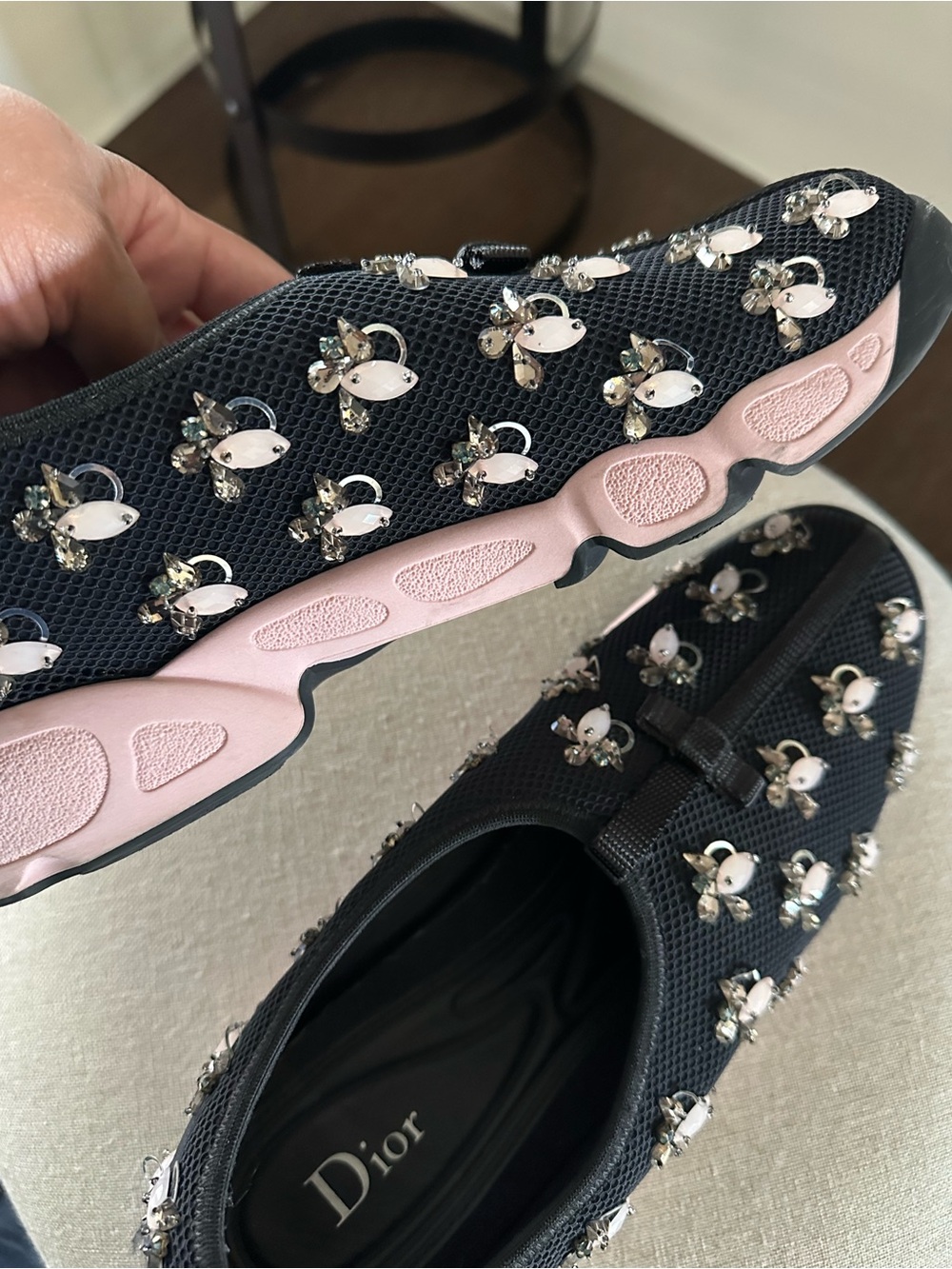Preowned Dior Black Knit Slip-On Sneakers with Pink Sole Size 11